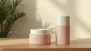 Two pink cosmetic jars on a wooden table, with a white cap on each; a leafy plant is blurred in the background for context. Readable and soft lighting overall.